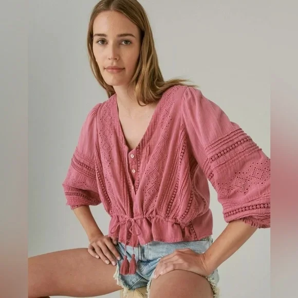 LUCKY BRAND Raspberry Pink Puff Sleeve Blouse with Tassel Tie in the Front Boho - Picture 12 of 12